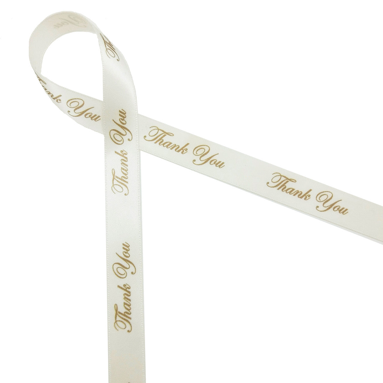 Thank you in champagne ink on 5/8" Antique White Satin Ribbon, 10 Yards