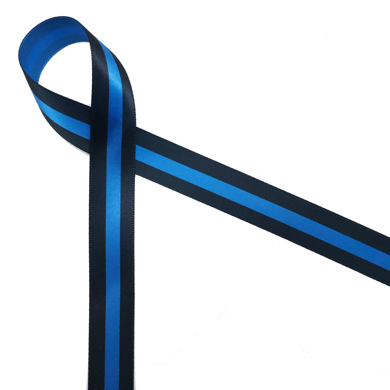 Thin blue line ribbon is printed with black lines on 5/8" Royal blue ribbon. These ribbons honor police officers fallen in the line of duty
