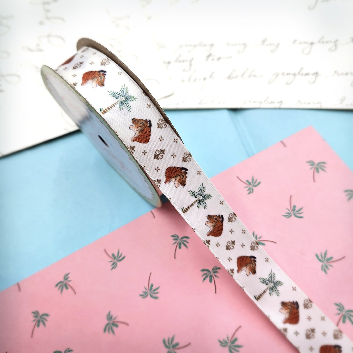 Tiger and Palm Tree ribbon for gift wrap, crafts and sewing printed on 7/8" white satin