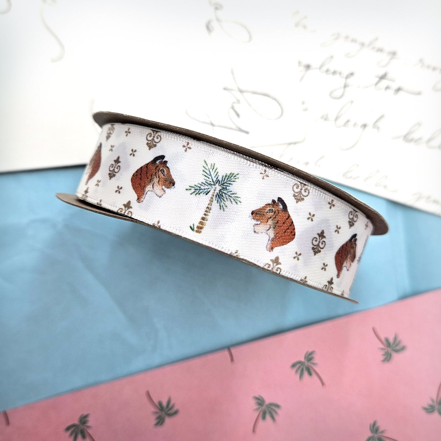 Tiger and Palm Tree ribbon for gift wrap, crafts and sewing printed on 7/8" white satin