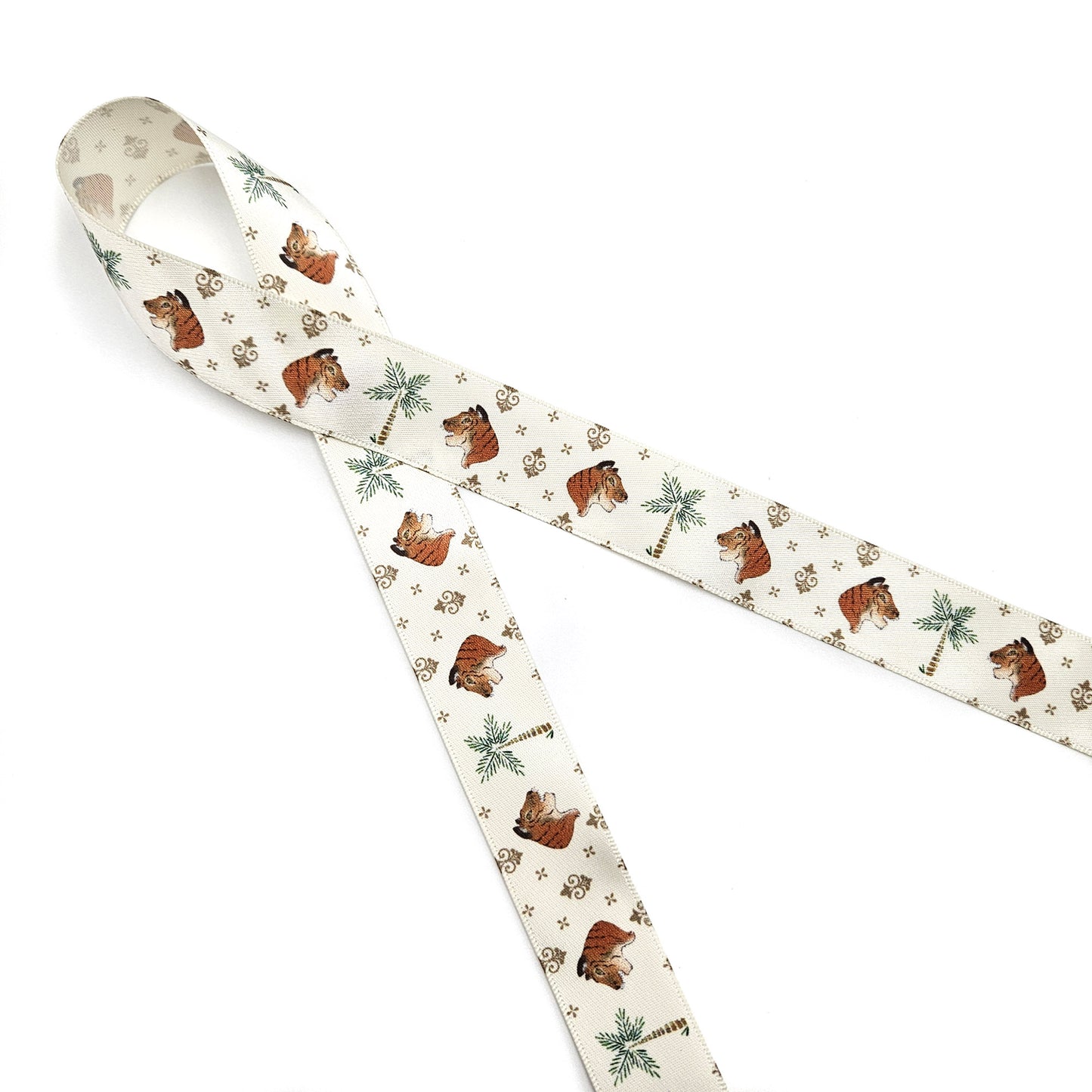 Tiger and Palm Tree ribbon for gift wrap, crafts and sewing printed on 7/8" white satin
