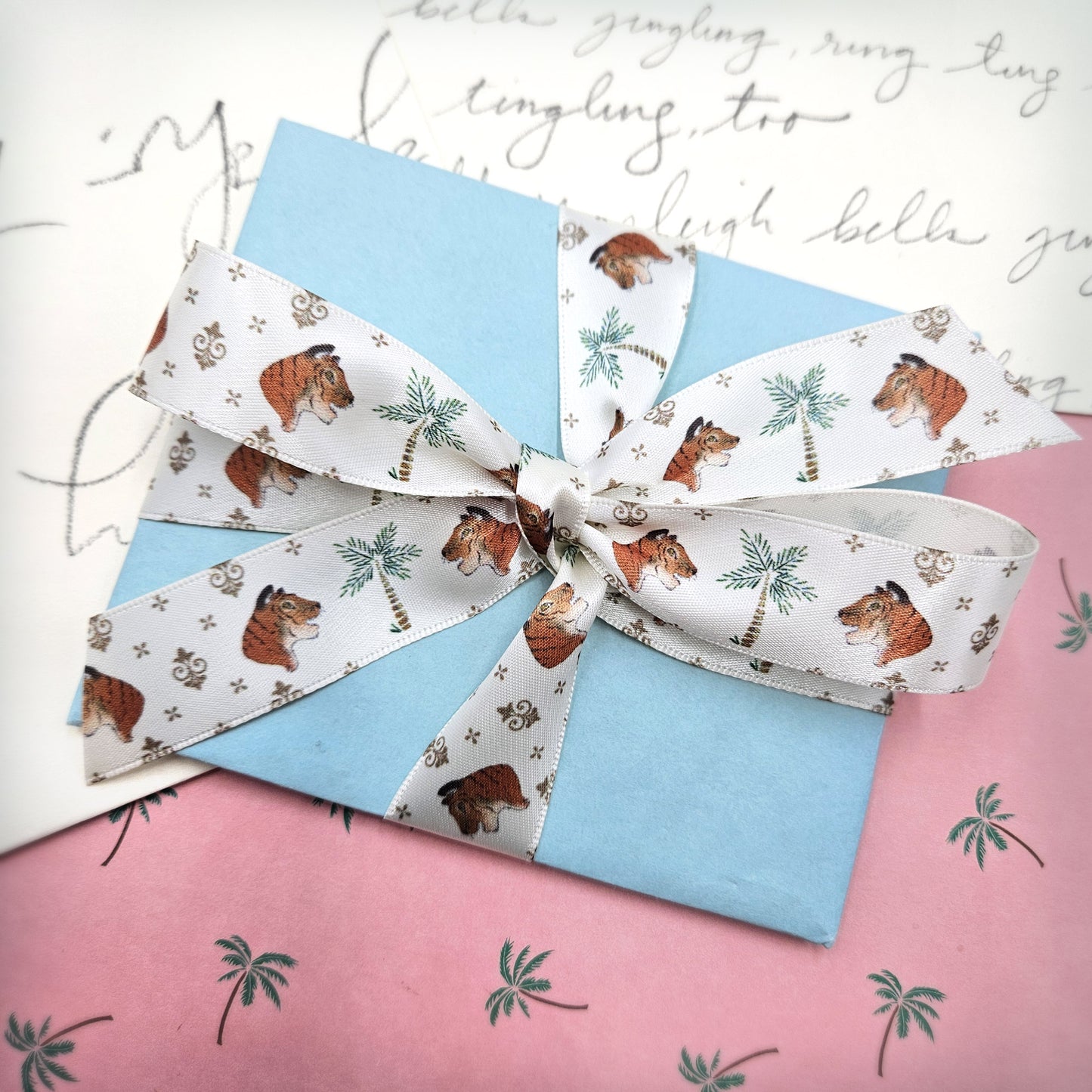 Tiger and Palm Tree ribbon for gift wrap, crafts and sewing printed on 7/8" white satin