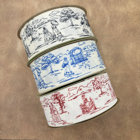 French Toile Ribbon in red , black and blue with a pastoral scene of a couple strolling in a park printed on 1.5" antique white grosgrain