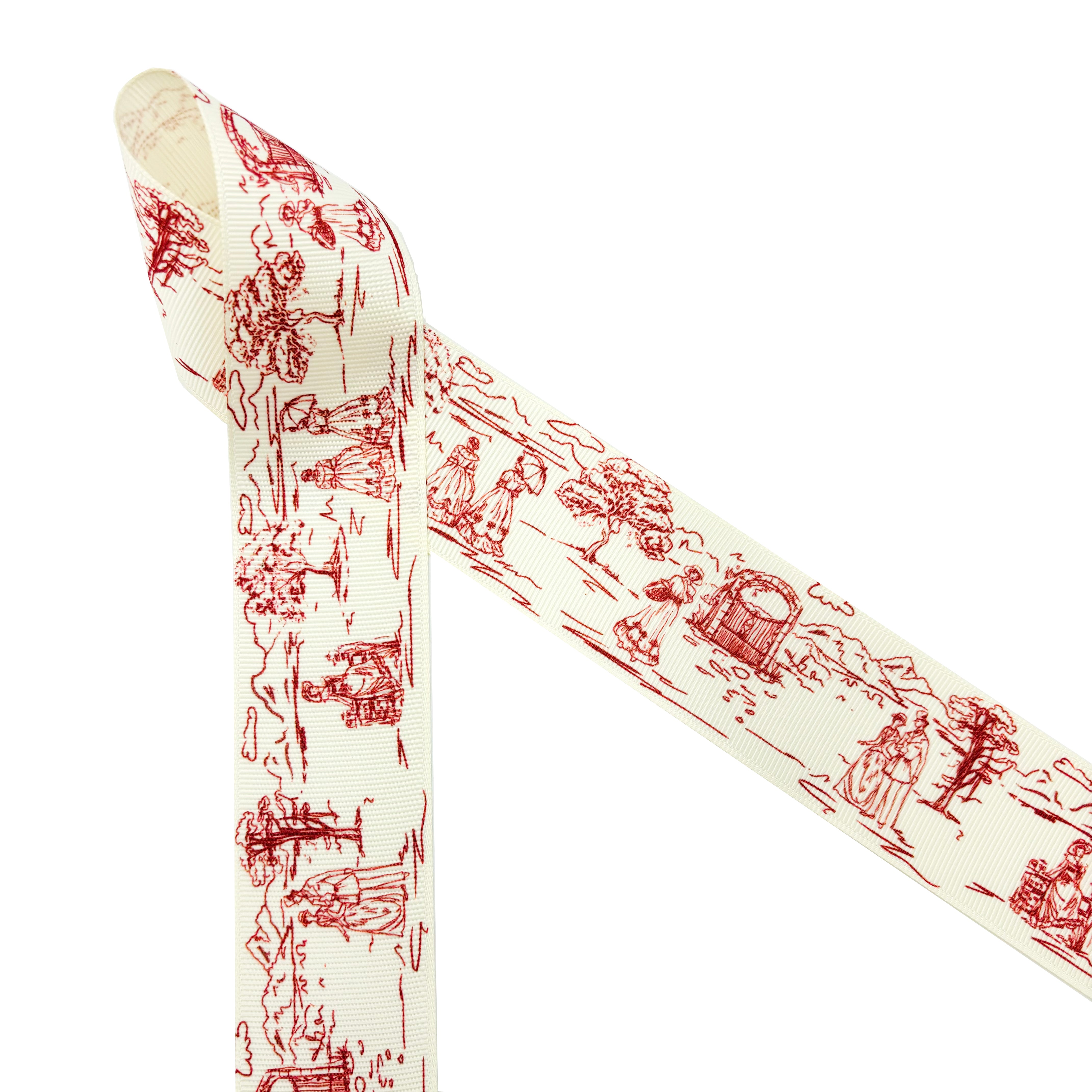 French Toile Ribbon in red with a pastoral scene of a couple strolling