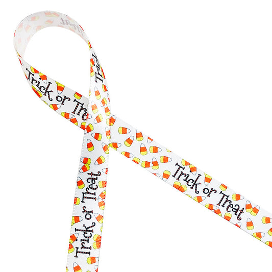 Trick or Treat with candy corn on 5/8" white single face satin ribbon, 10 Yards