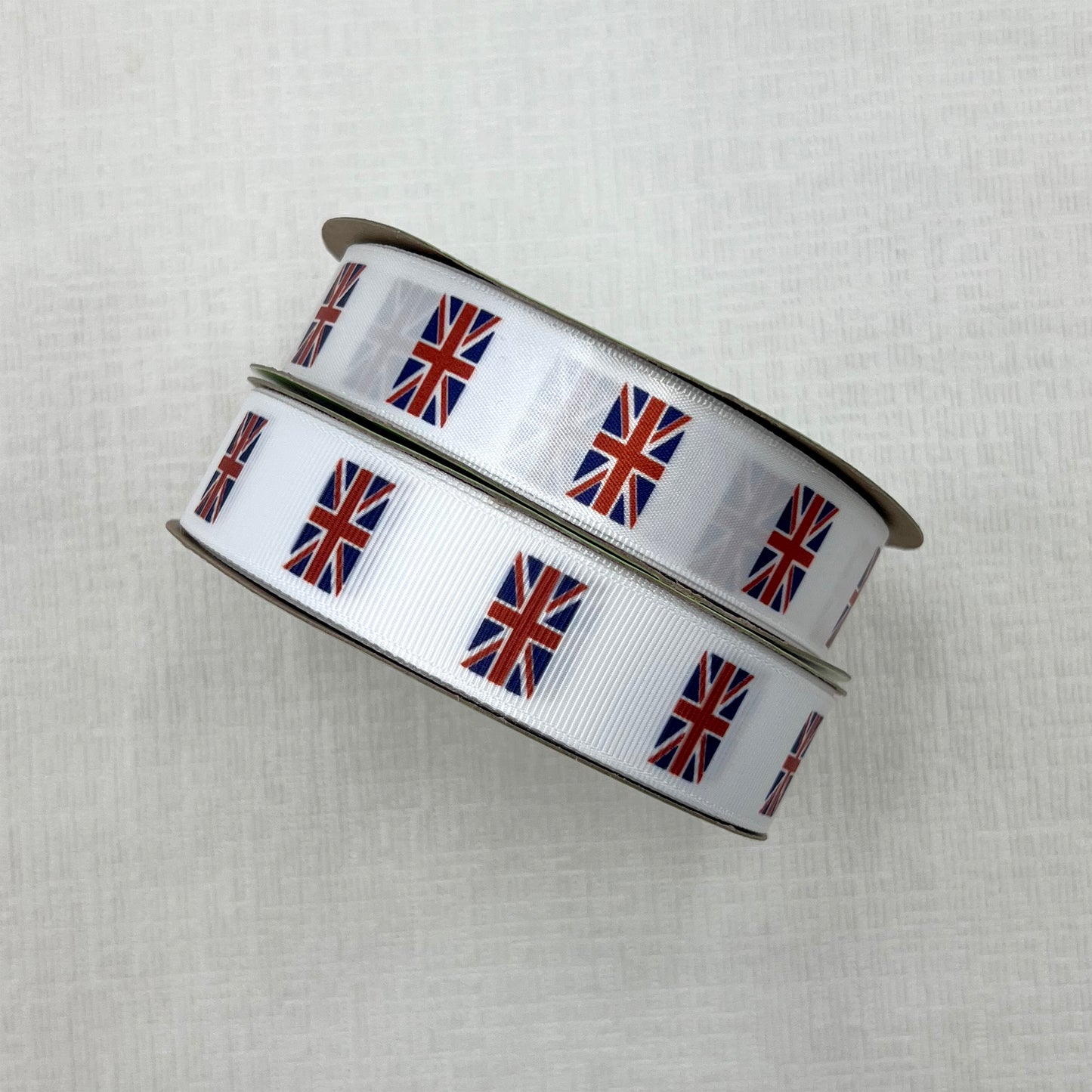 British Flag ribbon Union Jack in red white and blue printed on 7/8" satin and grosgrain ribbons