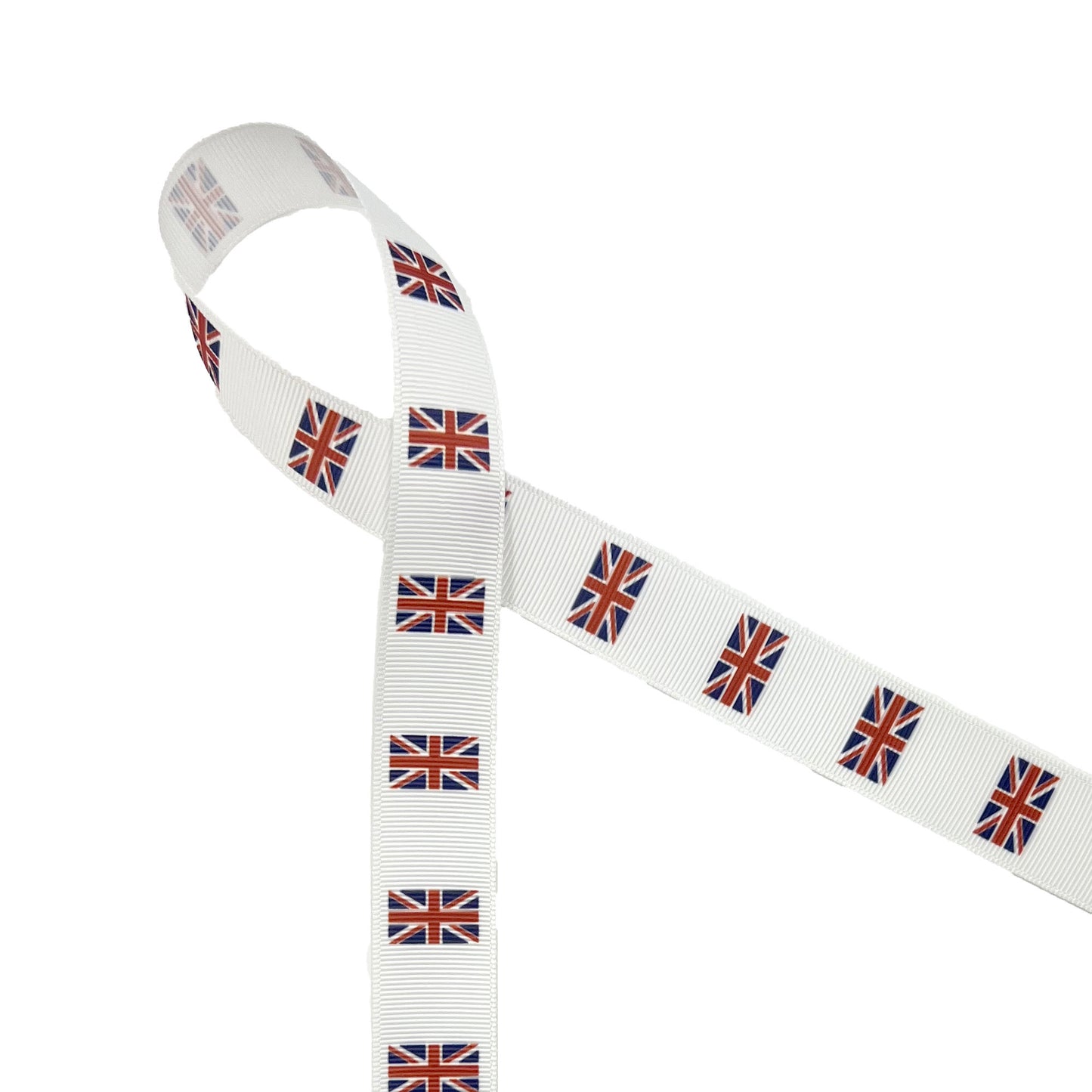 British Flag ribbon Union Jack in red white and blue printed on 7/8" satin and grosgrain ribbons