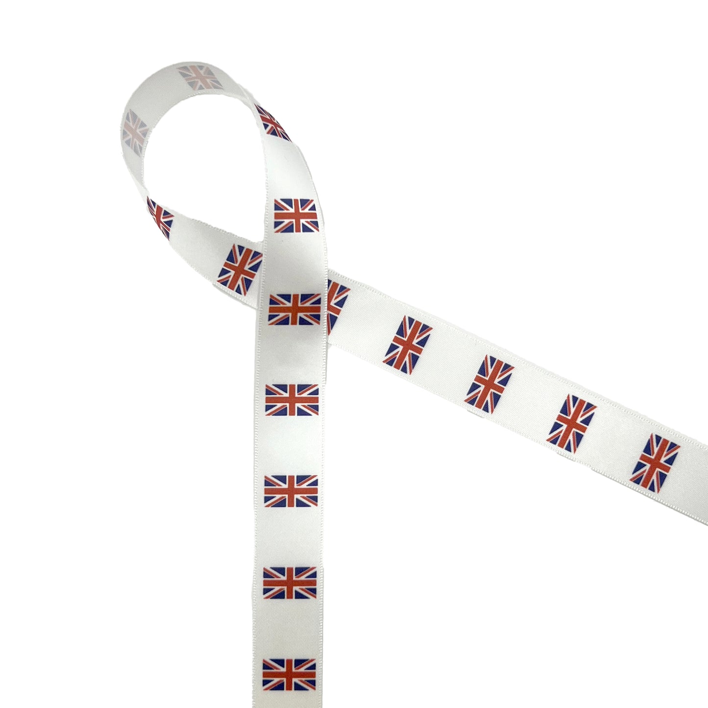 British Flag ribbon Union Jack in red white and blue printed on 7/8" satin and grosgrain ribbons