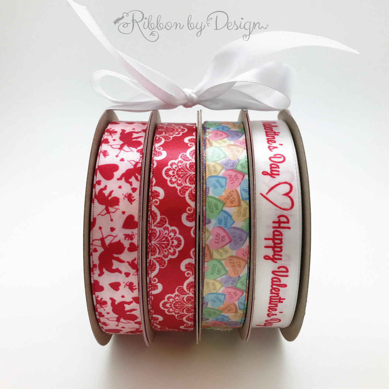 Our white lace on red ribbon can be used in combination with any of our other romantic ribbons! Mix and match for a fun Valentine party look!