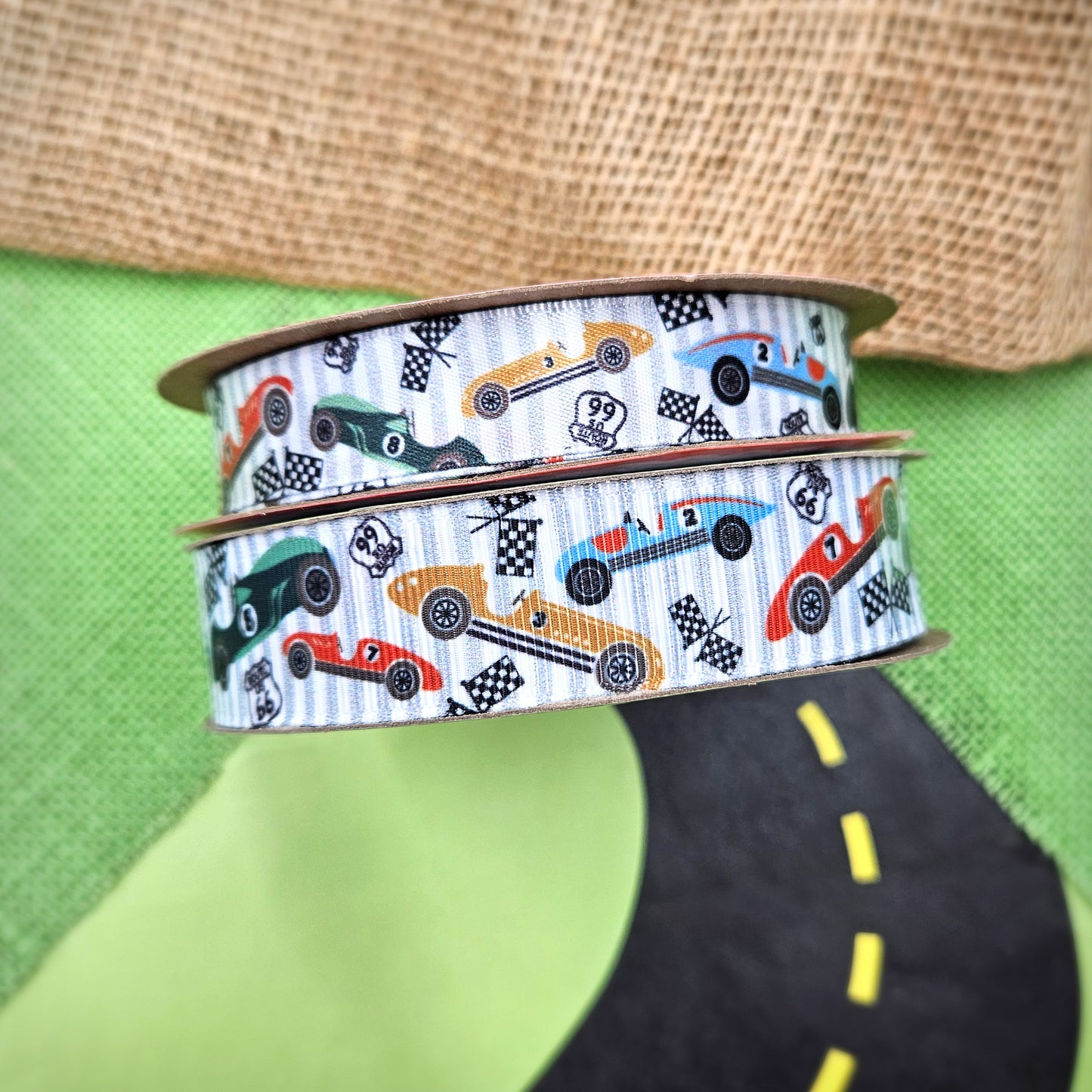 Vintage Race Car Ribbon with a striped background on 5/8" white single face satin and 7/8" Grosgrain