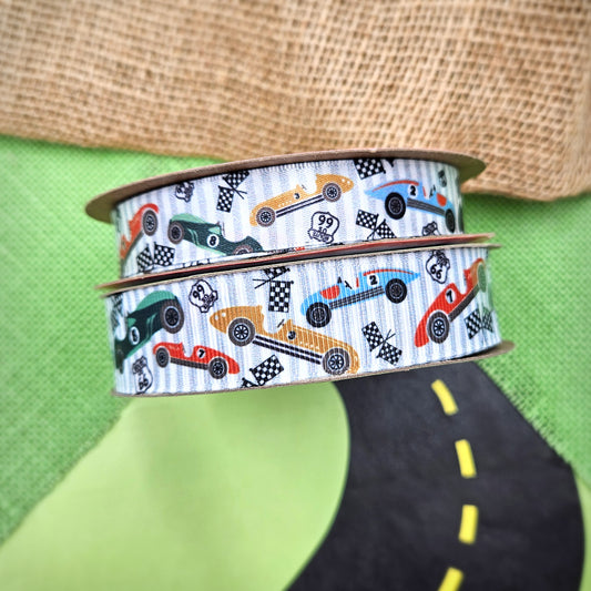 Vintage Race Car Ribbon with a striped background on 5/8" white single face satin and 7/8" Grosgrain