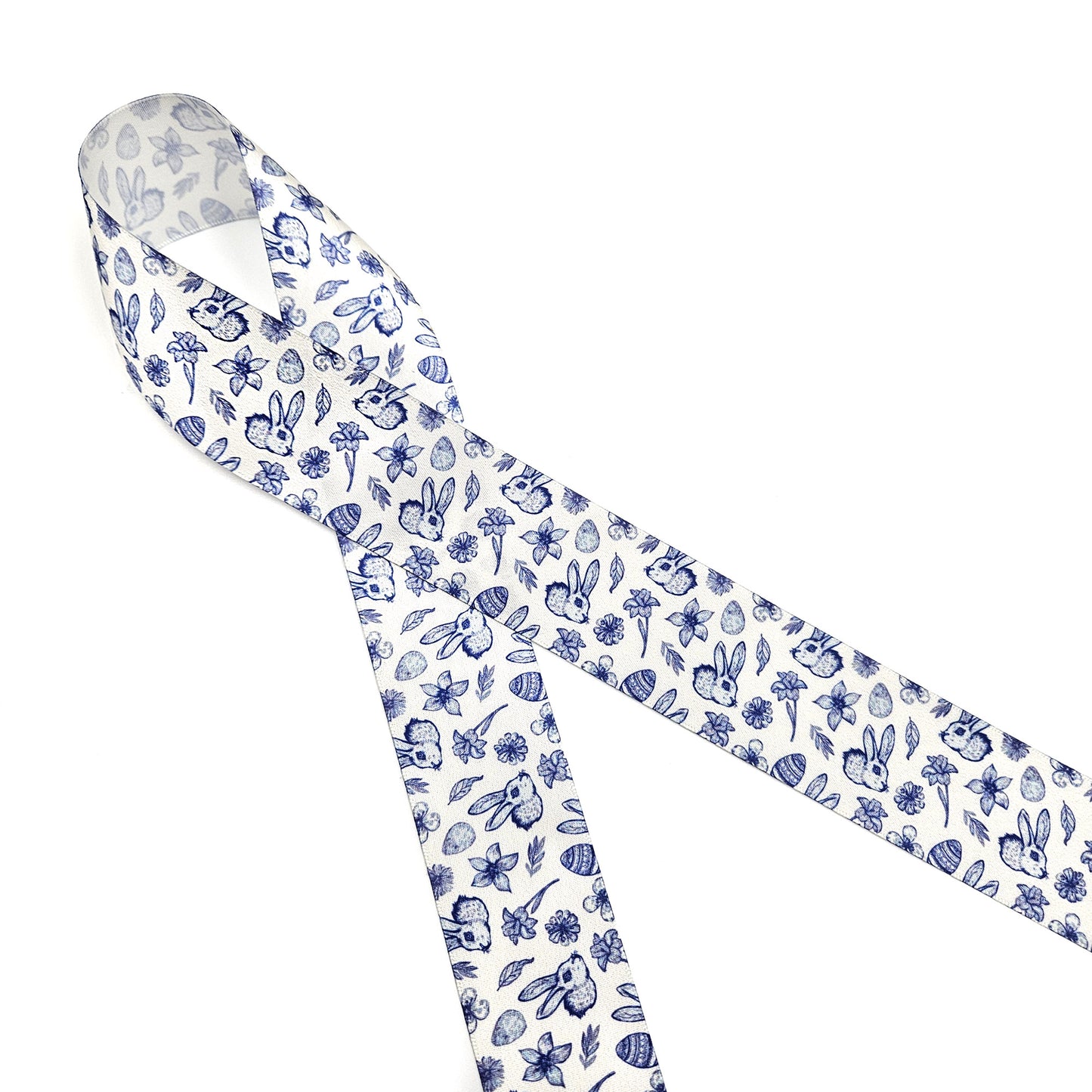 Easter Toile ribbon with bunnies, flowers, eggs and leaves in three colors raspberry, green and blue printed on 1.5" satin