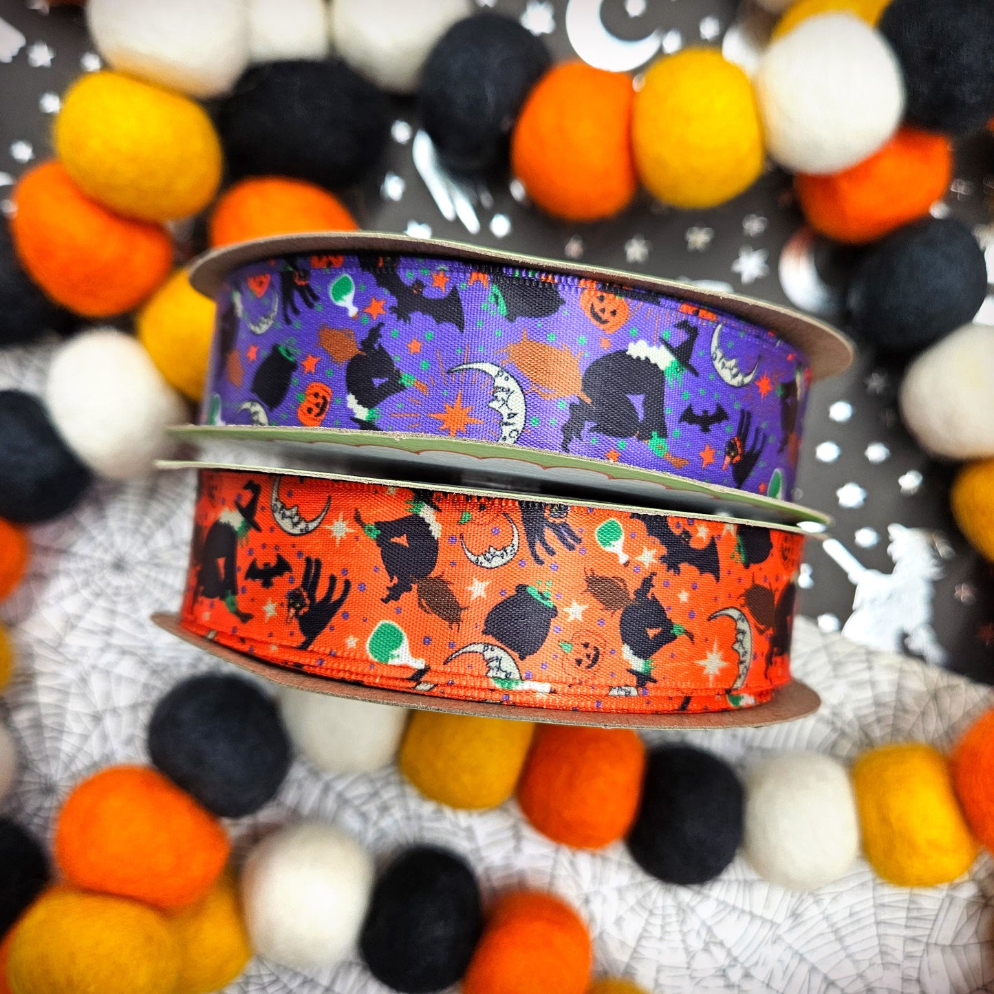 Witches and black cats ribbon on a purple or orange background printed on 7/8" satin