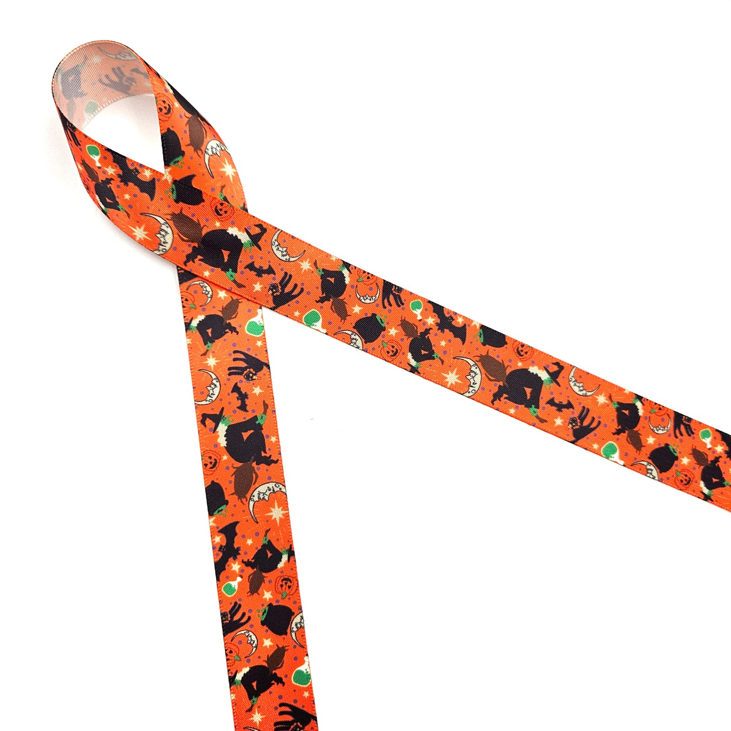 Witches and black cats ribbon on a purple or orange background printed on 7/8" satin