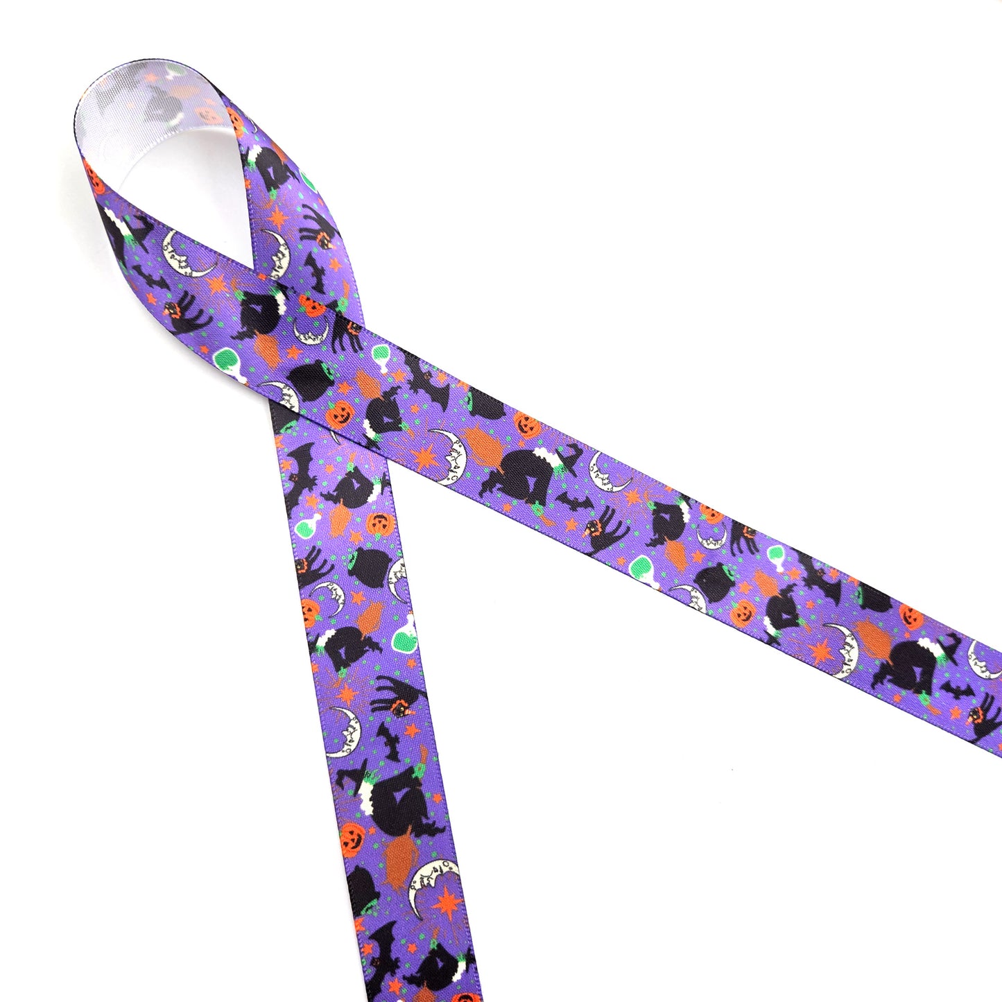 Witches and black cats ribbon on a purple or orange background printed on 7/8" satin