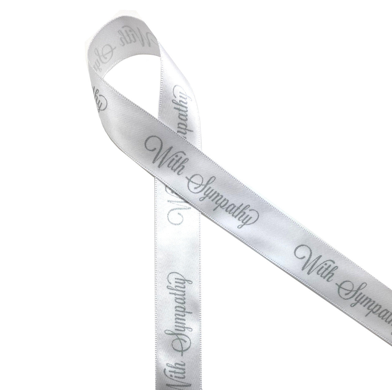 With Sympathy ribbon printed in gray on 7/8" white single face satin is the perfect way to express your sympathy at someone's time of sorrow.