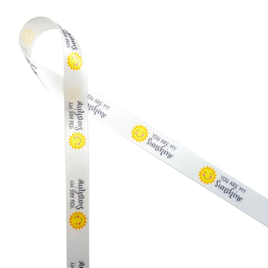 You are my Sunshine ribbon with a smiling sun printed on 5/8" white single face satin ribbon is a fun ribbon for baby showers, baby reveal and first birthday parties. Use this ribbon for party favors, shower favors, nursery decor and quilts! Our ribbon is designed and printed in the USA