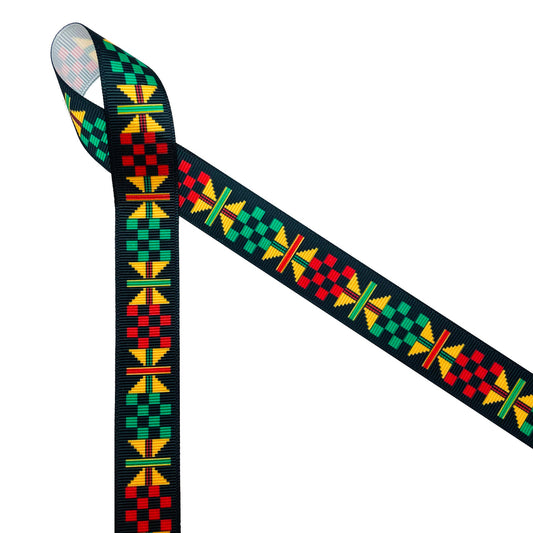 Ankara Kente African design in traditional colors of yellow, green, red and black printed on 7/8" white grosgrain ribbon is an ideal ribbon for hair bows, headbands, sewing projects, crafts and festivals. All our ribbons are designed and printed in the USA