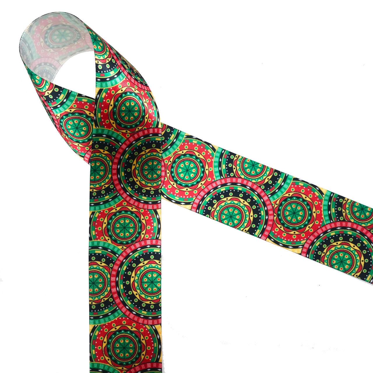 African tribal ribbon medallion design in pink, green, yellow, black ...