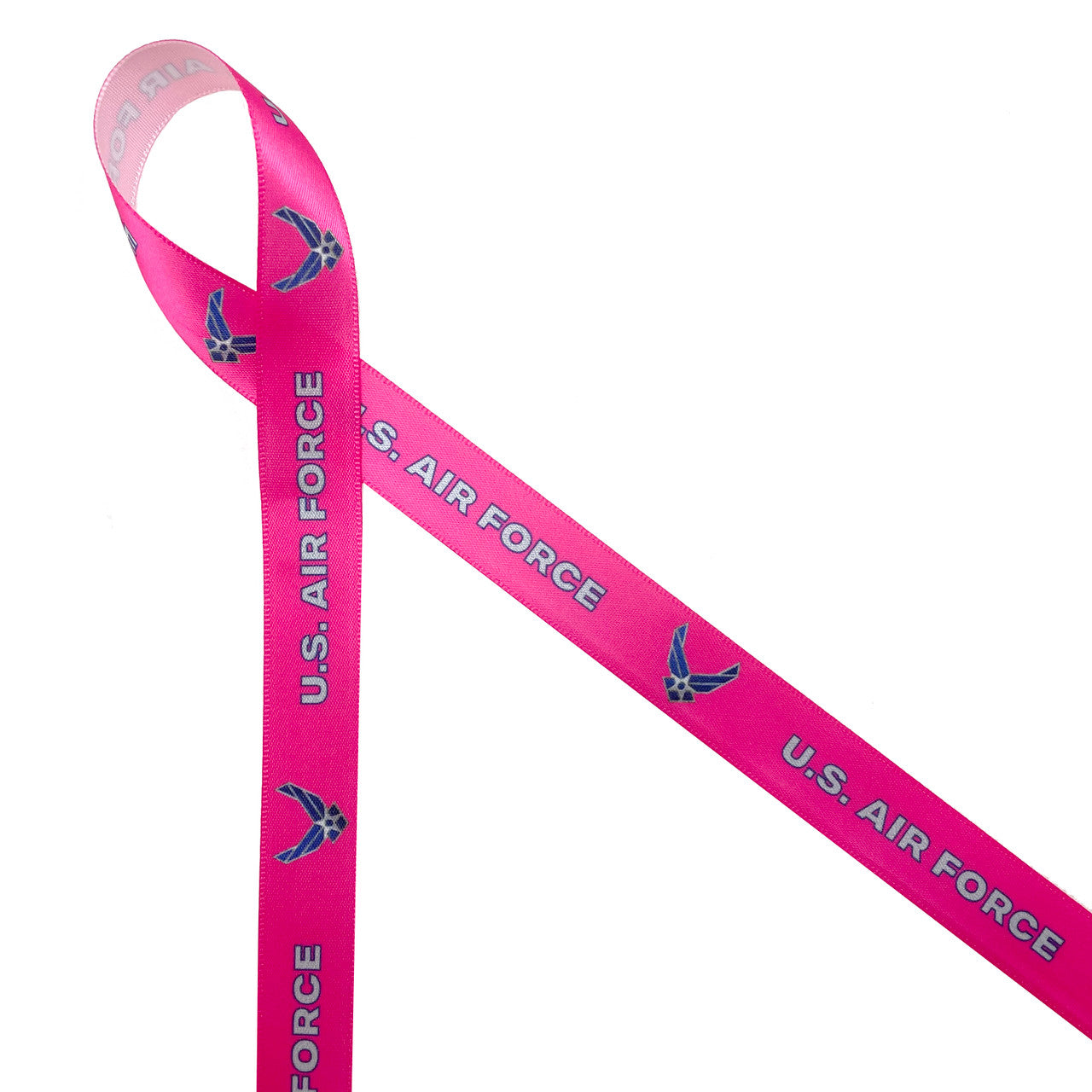 Air Force ribbon in pink with gray text and blue logo printed on 5/8" white single face satin is the ideal ribbon for honoring women in the Air Force. This is the perfect ribbon for graduation from the Air Force Academy, retirement or silver wing celebrations. This is the perfect ribbon for party decor, party favors, gift wrap and floral design. All our ribbons are designed and printed din the USA