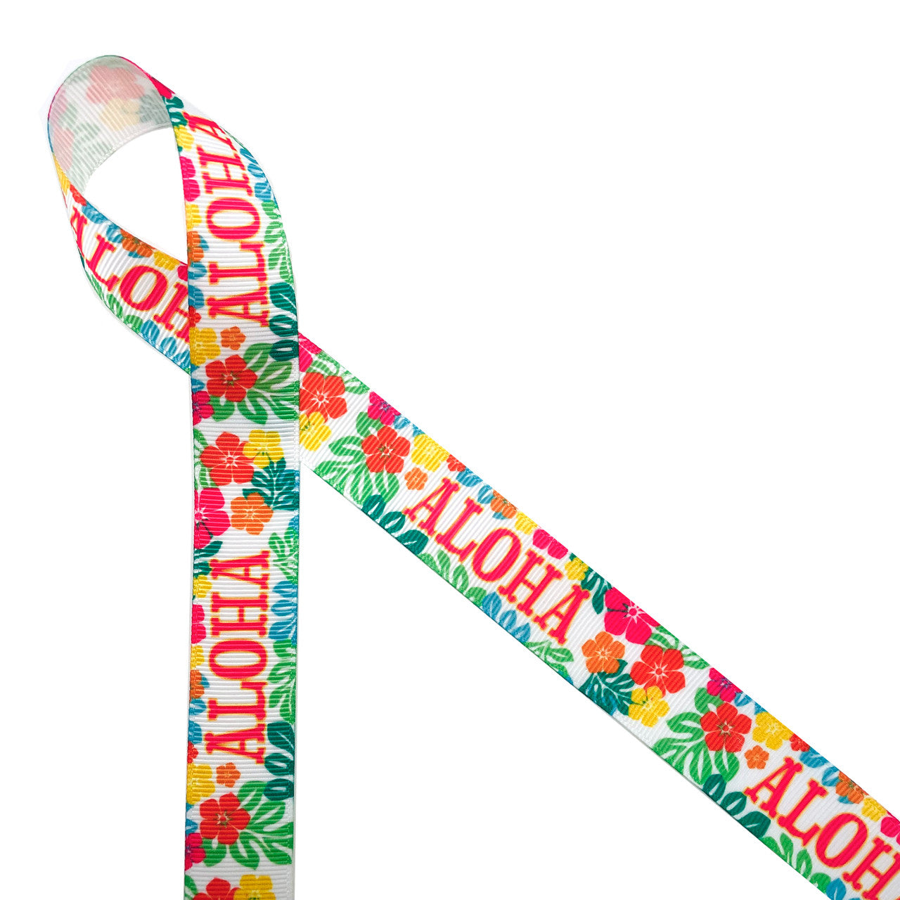 Aloha Hawaiian themed ribbon with tropical flowers in pink, orange, yellow and green printed on 7/8" white grosgrain ribbon is an ideal ribbon for tropical themed parties and crafts! This is an ideal ribbon for hair bows, head bands, hat bands and gift wrap! Use this ribbon for quilting, sewing and craft projects too! All our ribbon is designed and printed in the US
