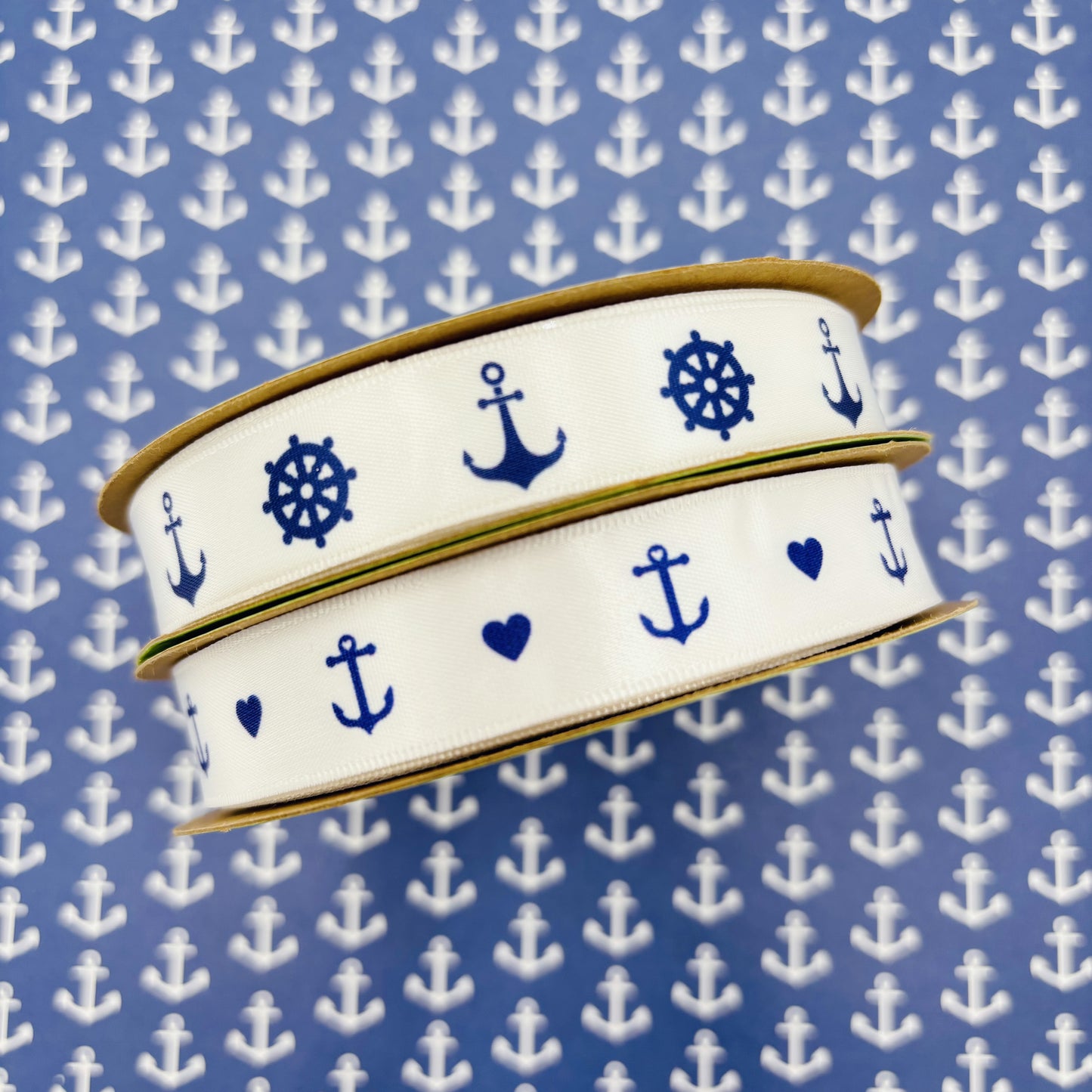 Anchors and hearts ribbon navy blue ink printed on 5/8" white single face satin