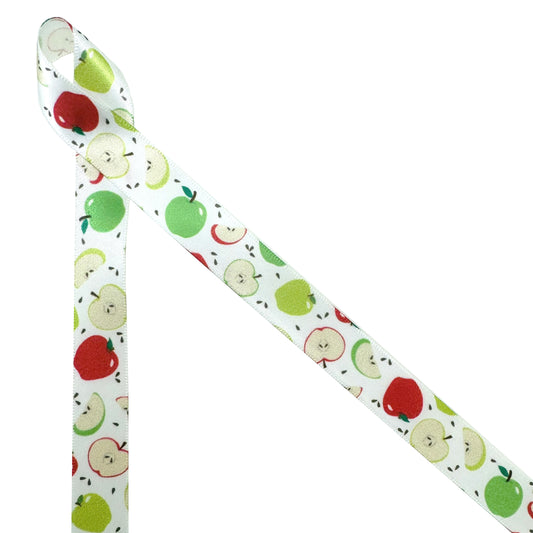 Apples Ribbon, red and green with brown seeds on 5/8" white single face satin