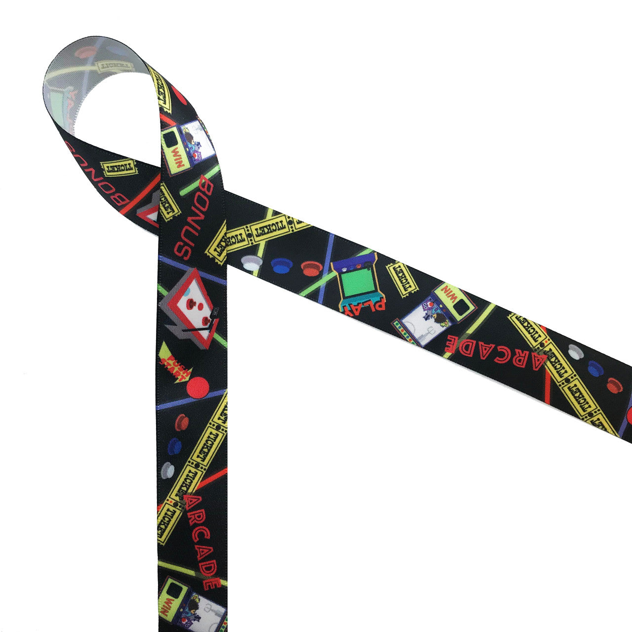 Arcade ribbon featuring all the fun elements of an afternoon of playing games, winning tickets and getting a prize in the claw machine! This is the ideal ribbon for gifts and favors at your next arcade themed party!