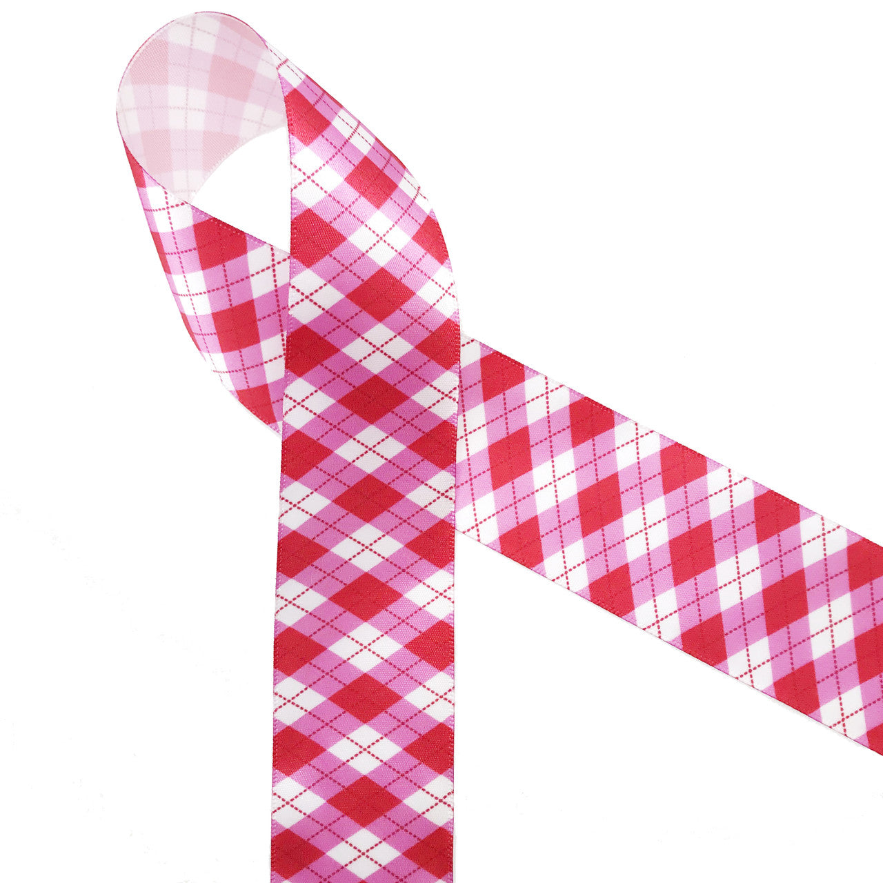 Valentine argyle in red and pink on 1.5" white single face satin ribbon, 10 Yards