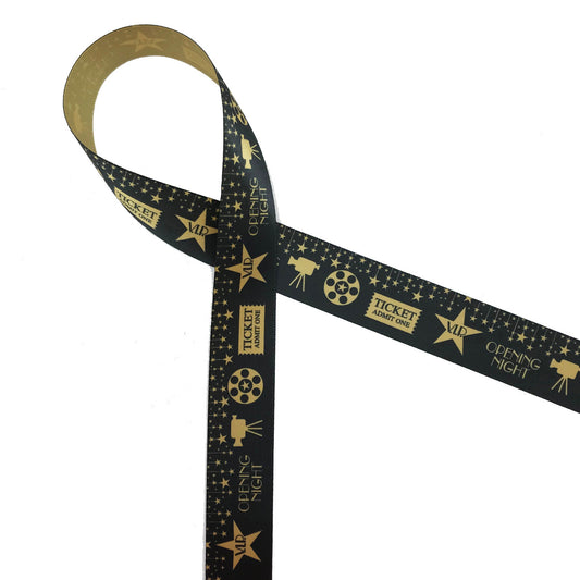 Be a star on Movie night! Our fun movie themed ribbon features stars, cameras, film reels and ticket stubs in gold on a black background. Printed on 7/8" dijon gold ribbon, this ribbon will make your party shine!