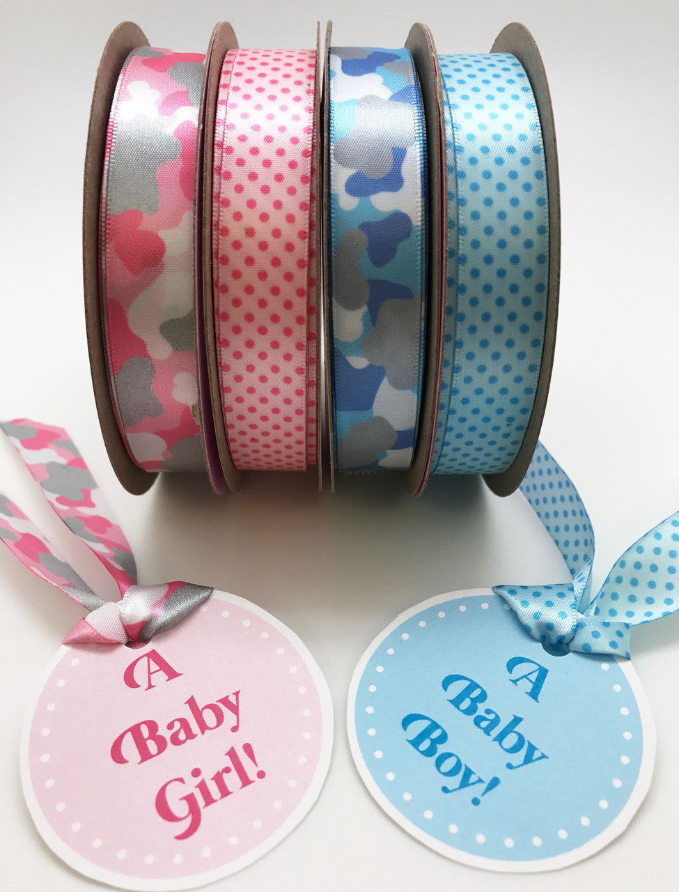 These pink pin dots can be combined with our pink and gray camouflage ribbon for a fun baby girl shower! Mixing and matching can be a great way to add some variety to the decor!