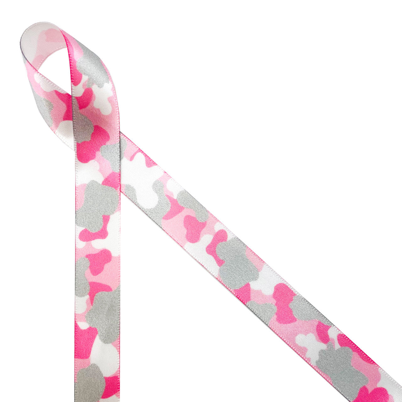 Pink and gray camouflage print on 5/8" white single face satin ribbon will add an element of fun to any girl baby gift! Designed and printed in the USA