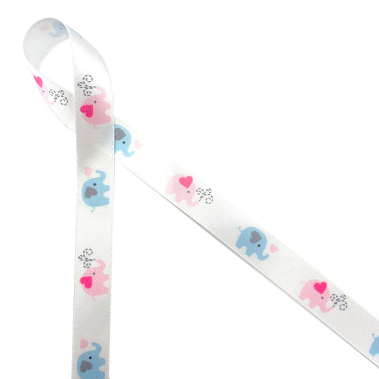 Elephants of pink and blue march in a row along our 5/8" wide single face satin ribbon!