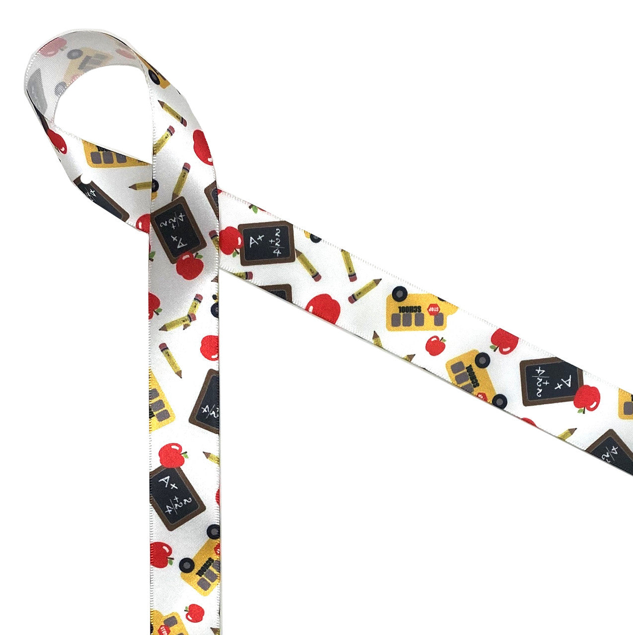 Back to School on 5/8" white single face satin features school buses, black boards, pencils and an apple for the teacher! This is an ideal ribbon for teacher appreciation week, gift wrap, party favors, party decor, quilting and crafts1 Designed and printed in the USA.