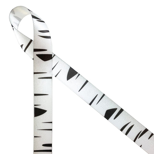 Birch bark ribbon in a contemporary black and white design printed on5/8" white single face satin is a fun and versatile ribbon for use all year long. This is a great ribbon for Winter parties and events, rustic Summer weddings and outdoor themed events! Available in three sizes for gift wrap, party decor, party favors, quilting, sewing and craft projects. All our ribbon is designed and printed int he USA