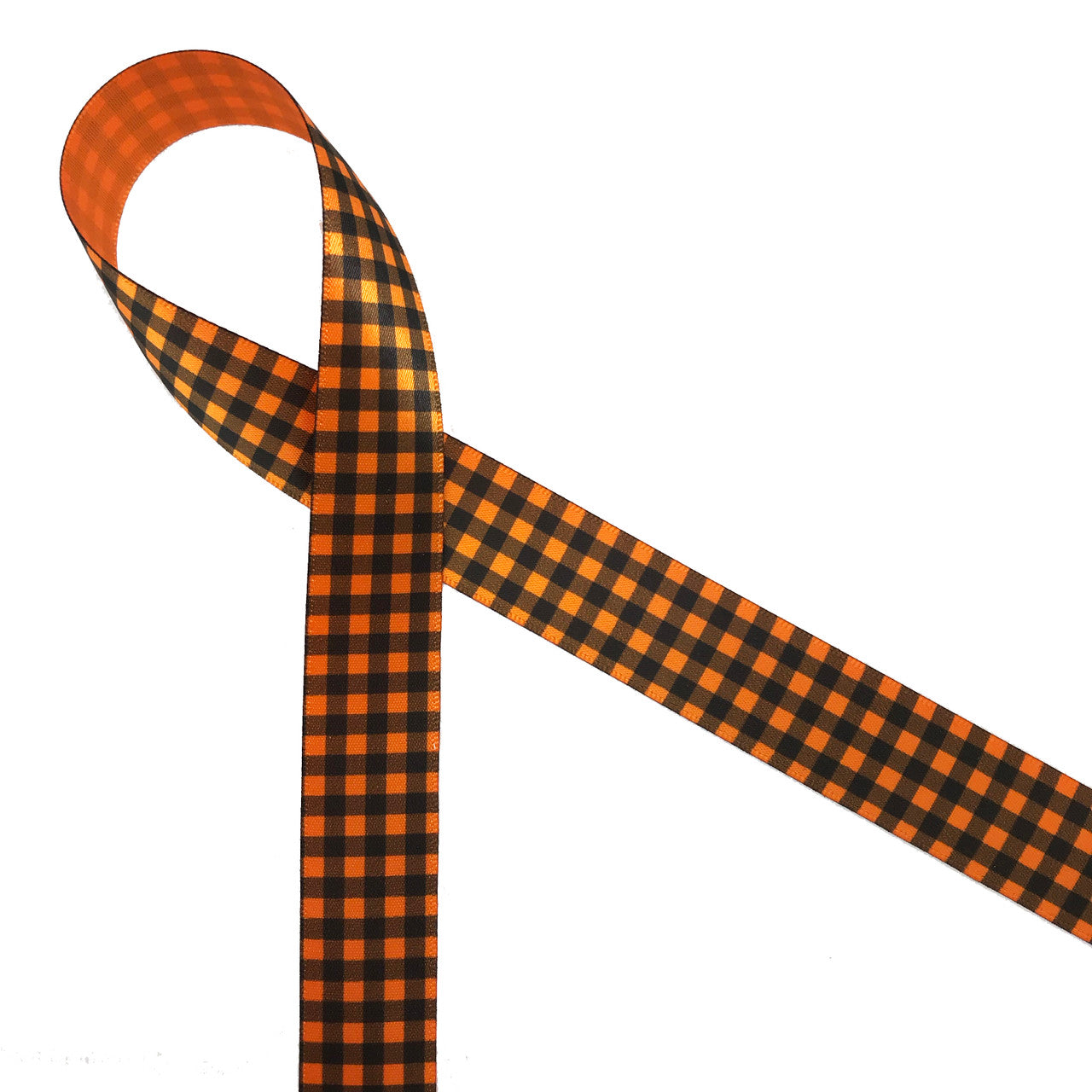 Black gingham check on 7/8" tangerine single face satin ribbon is the ideal tie for all your Fall favors and projects!