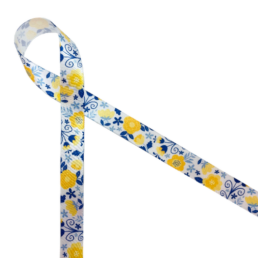 Pretty flowers in yellow and blue on 5/8" white satin ribbon is the perfect ribbon for Mom or a tea party themed bridal shower!