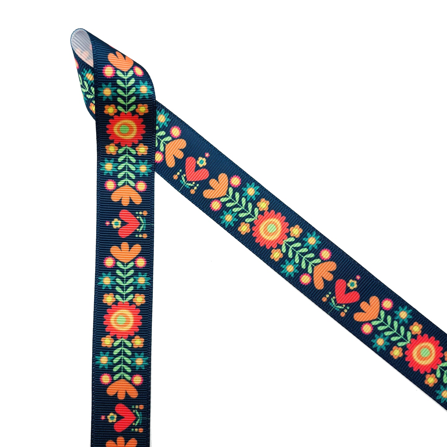 Boho Floral ribbon coral, orange, red and green flora on a navy background printed on 7/8" satin and grosgrain