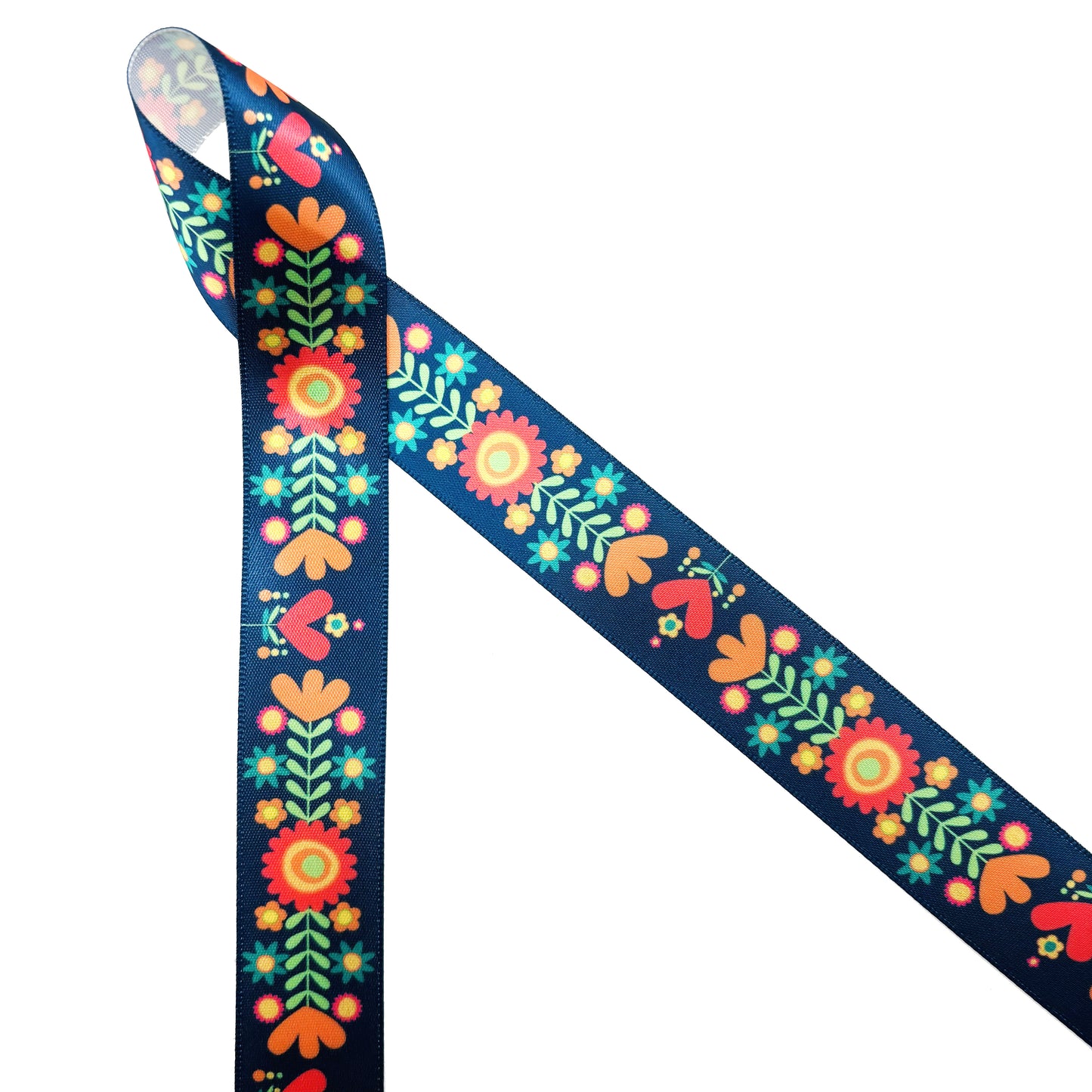 Boho Floral ribbon coral, orange, red and green flora on a navy background printed on 7/8" satin and grosgrain