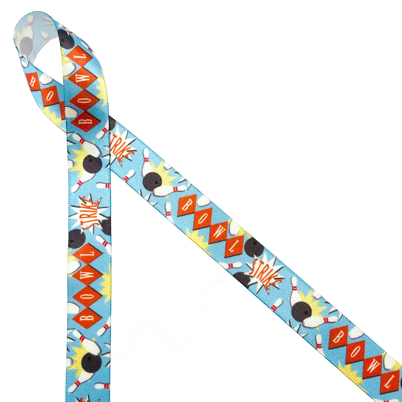 Bowling themed ribbon on a light blue background featuring bowling balls, pins in red and white and the words Bowling and Strike across the ribbon carries a vintage theme throughout. This is a great ribbon for party decor, party favors, gift wrap, bowling leagues and banquets. Use this ribbon for sports themed wreaths, crafts, scrapbooking and quilts! Designed and printed in the USA