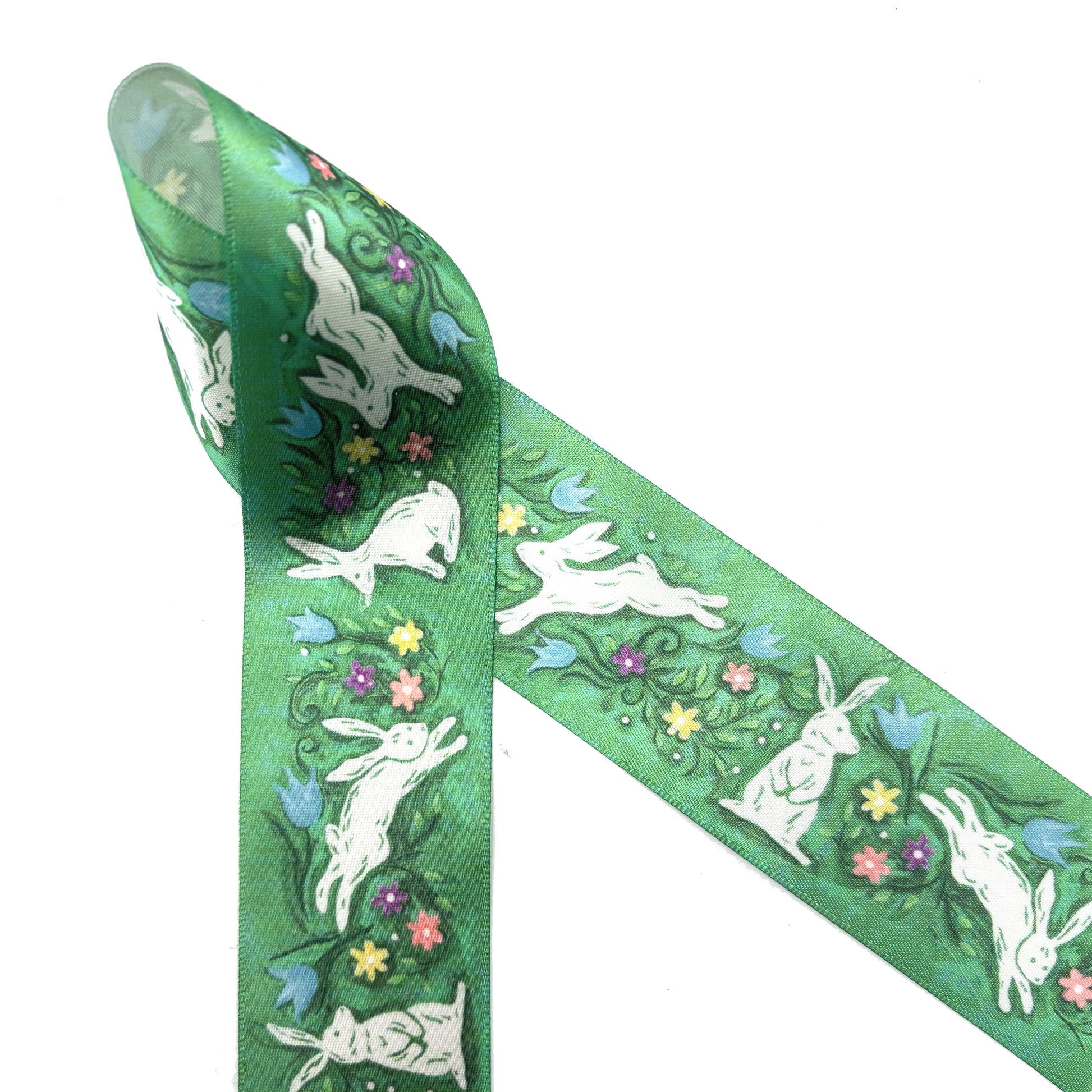 Easter bunny ribbon white watercolor bunnies in a Spring flower garden