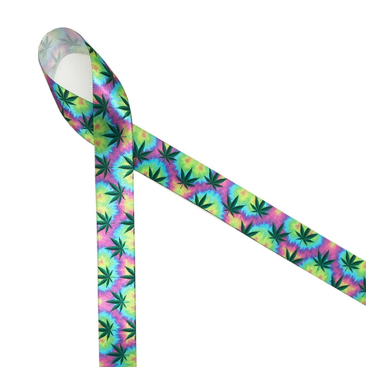 Marijuana leaves on a tie dye background of pink, purple and green printed on 7/8"white single face satin ribbon is an ideal way to package any CBD oriented product. Our ribbons  are designed and printed in the USA