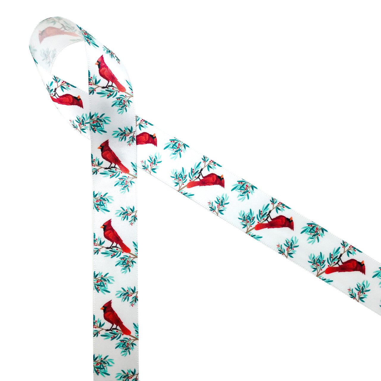 Red cardinals on a winter berry branch of red and green printed on 7/8" white single face satin ribbon is an ideal ribbon for Winter and Holiday gift wrap. This beautiful ribbon reflects the nature of Winter and is perfect for gift baskets, party decor, party favors and Holiday crafting. All our ribbon is designed and printed in the USA