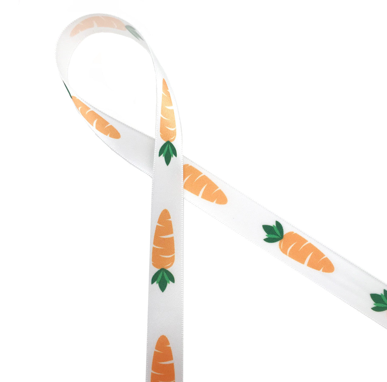 Bright orange carrots with green toppers line up on 5/8" white single face satin to welcome the Easter bunny in style!