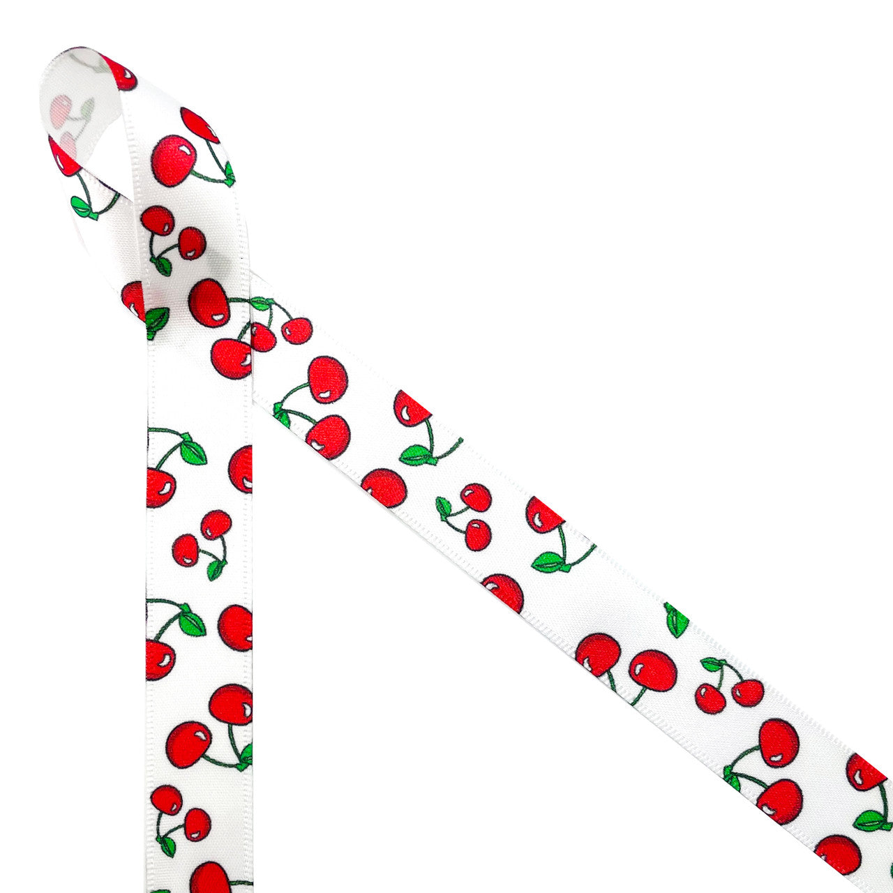 Cherries on white 5/8" single face satin ribbon, 10 yards