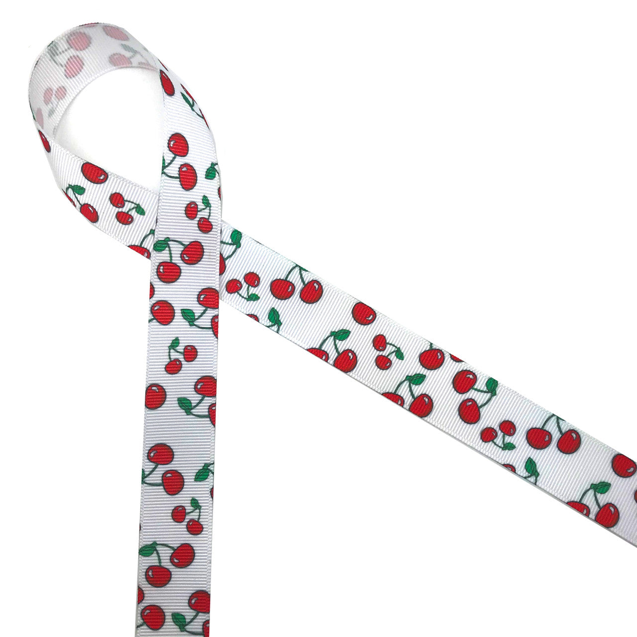 Life is just a bowl of cherries and ours are the sweetest ones! Our cherries with their green leaves are printed on 7/8"  grosgrain ribbon and are ideal for hair bows, cherry themed Summer events, gifts and craft projects! All our ribbon is designed and printed in the USA