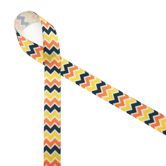 Fall Chevron ribbon in yellow, orange, and yellow printed on 5/8" white grosgrain is the perfect ribbon for your Fall gift and decor. Be sure to have this ribbon on hand for all your Fall crafts too!