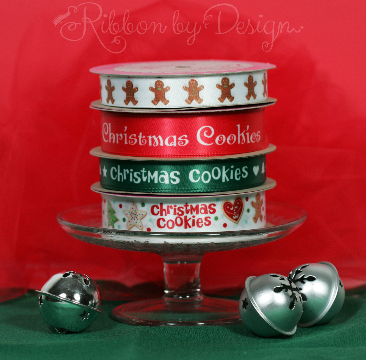 Christmas Cookies Ribbon Cookie designs on 7/8" White Single Face Satin