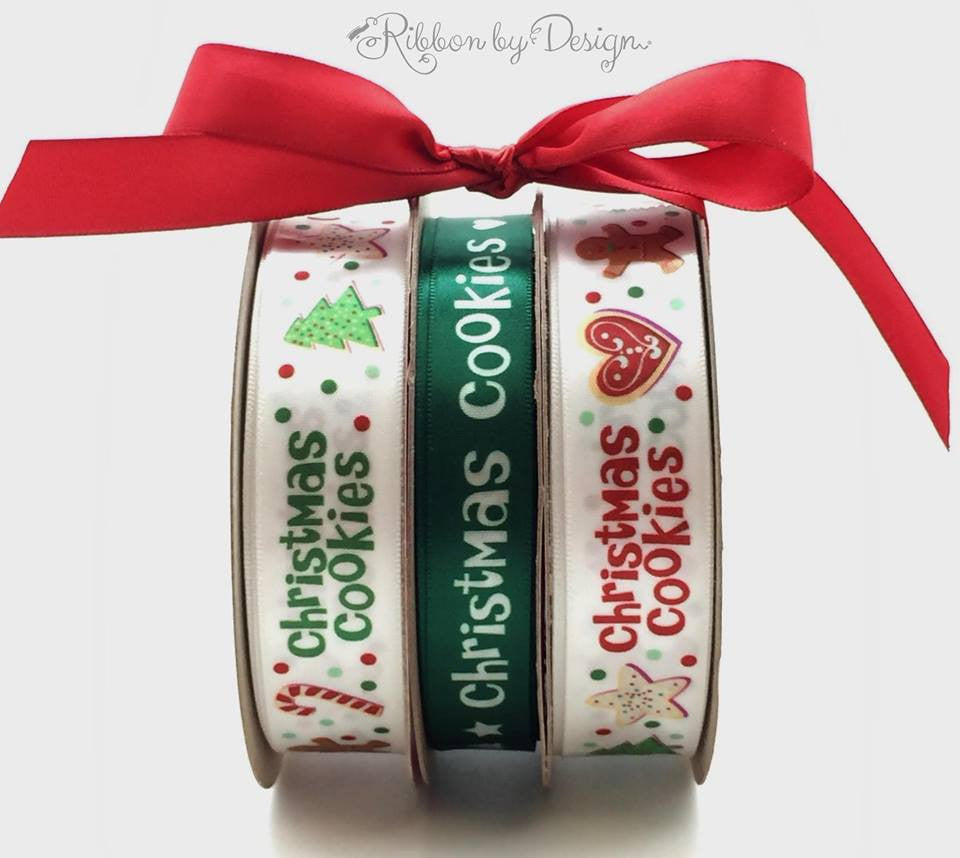 Christmas Cookies Ribbon in white on Green 5/8" Single Face Satin Ribbon