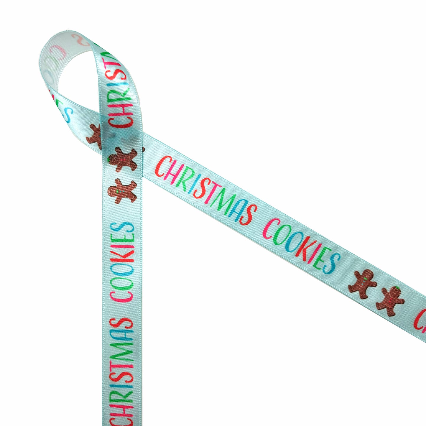 Christmas Cookie Ribbon in pastel colors on pink or mint green printed on 5/8" and 7/8" white single face satin